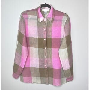 Doncaster 100% Linen Long Sleeve Pink Brown Plaid Button Up Top Size 6